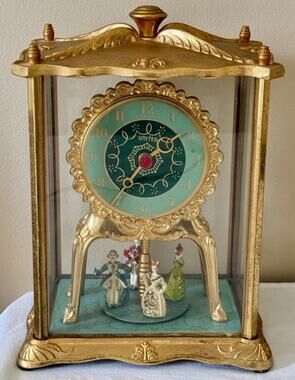 Vintage United Model 990 Brass Clock w/ Dancing Figurines & Glass Case Works